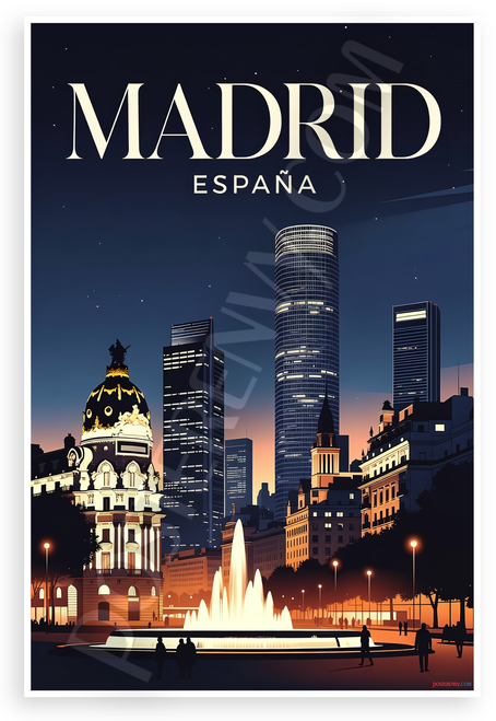 Madrid España City Skyline Nightscape 12"x18" US Made Poster