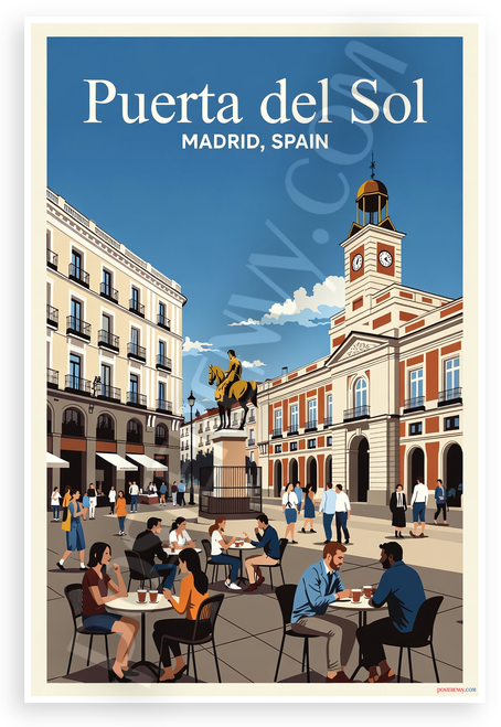 Puerta del Sol Madrid Spain Travel Illustration 12"x18" US Made Poster