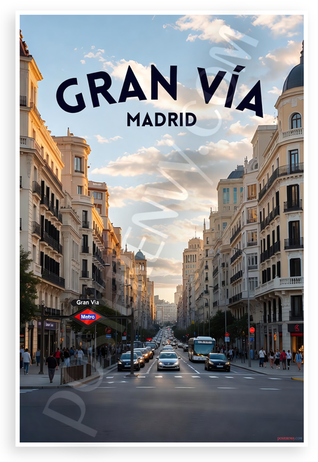 Gran Via Madrid Street Scene Travel 12"x18" US Made Poster