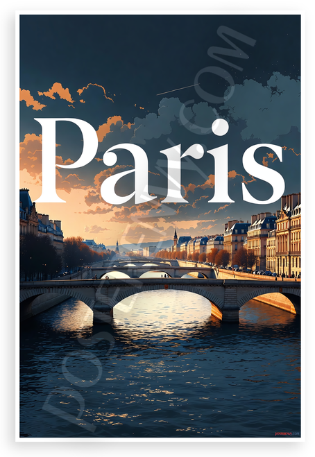 Paris France Cityscape Bridge Sunset Travel 12"x18" US Made Poster