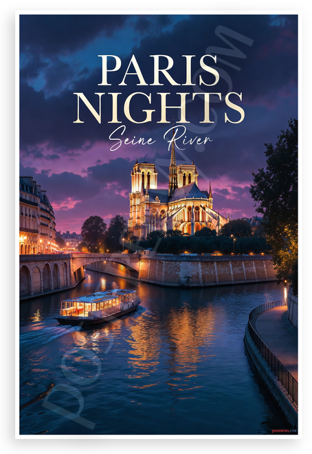 Paris Nights Seine River Cathedral Cityscape 12"x18" US Made Poster