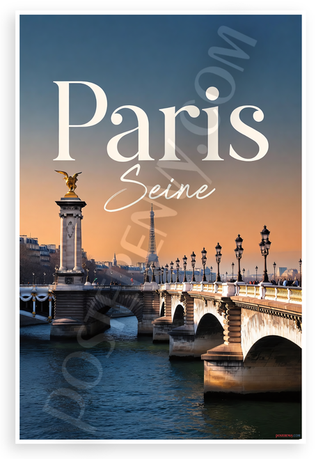 Paris Seine Bridge Eiffel Tower Sunset Travel 12"x18" US Made Poster