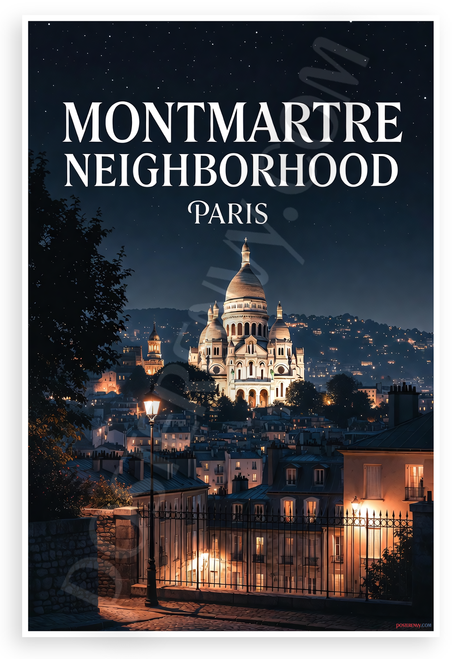 Montmartre Neighborhood Paris Night Scene 12"x18" US Made Poster