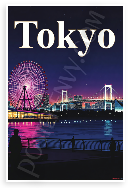Tokyo Night Skyline Rainbow Bridge Ferris Wheel 12"x18" US Made Poster