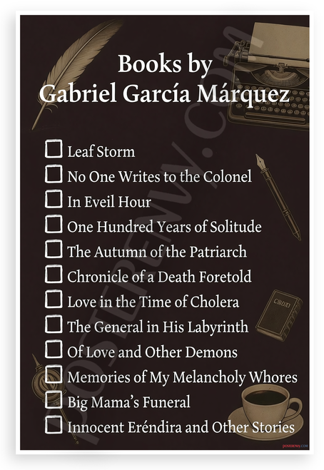 Gabriel García Márquez Books Checklist Literary 12"x18" US Made Poster