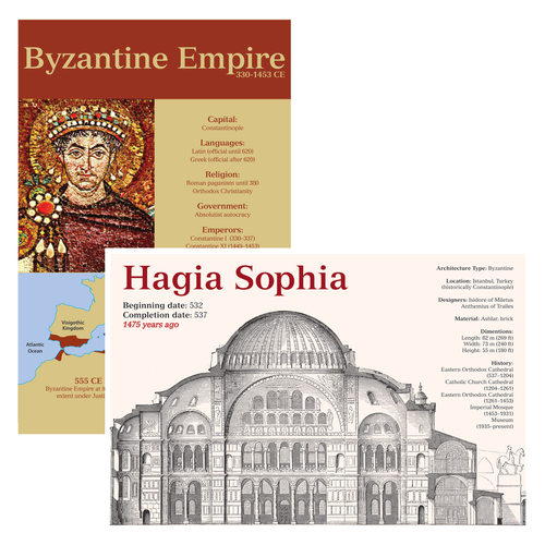Byzantine Empire 330-1453 CE Map, Hagia Sophia Architecture Poster Set — 2 Prints 12x18 Inch US Made