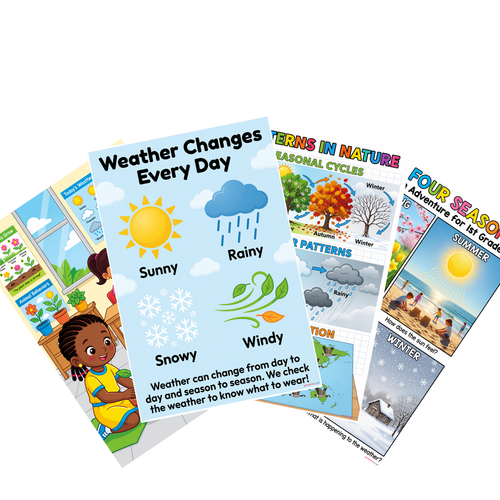 First Grade Science Seasons Weather Plant Growth Poster Set — 4 Prints 12x18 Inch US Made