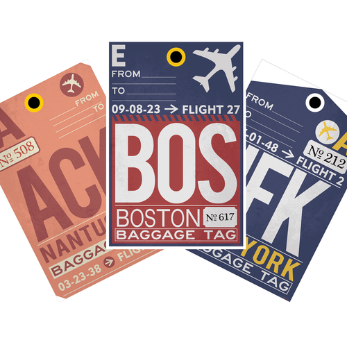 Vintage Airport Baggage Tag 3 Poster Set — Boston, Nantucket & New York City -- 3 Prints 12x18 Inch US Made