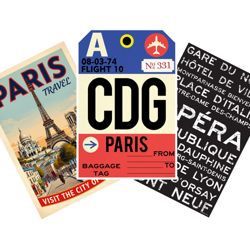 Paris Travel 3 Poster Set — Eiffel Tower, Metro Signs, CDG Baggage Tag -- 3 Prints 12x18 Inch US Made
