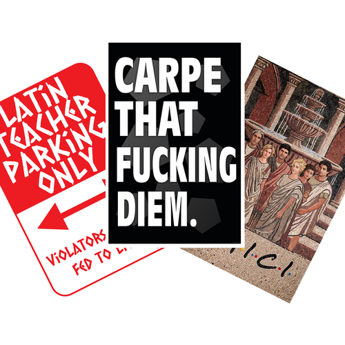 Latin Teacher Parking Sign, Roman Friends Mosaic, Carpe That F**king Diem 3 Poster Set — 3 Prints 12x18 Inch US Made