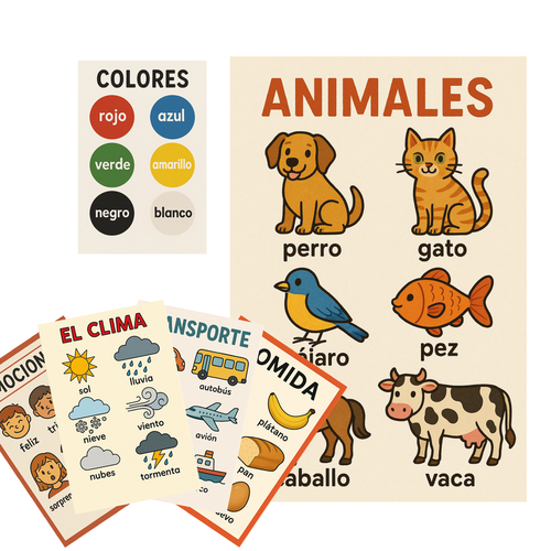Spanish Vocabulary Animals Colors Emotions Food Transportation Weather 6 Poster Set — 6 Prints 12x18 Inch US Made