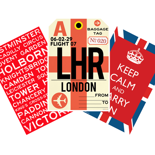 England 3 Poster Set | London Underground Signs, Keep Calm British Flag, LHR Airport Tag — 3 Prints 12x18 Inch US Made