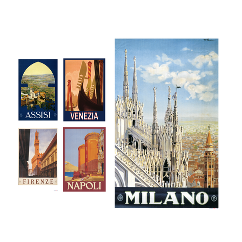 Vintage Italian Travel 5 Poster Set — Assisi Firenze Napoli Venezia Milano 5 Prints 12x18 Inch US Made