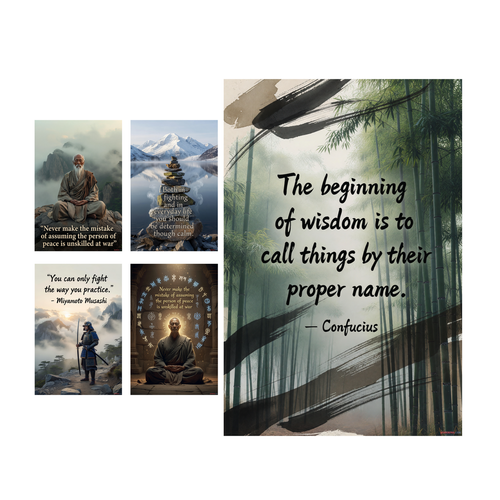 Zen Warrior Wisdom Poster Set — 5 Prints 12x18 Inch US Made