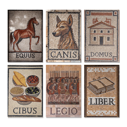 Ancient Roman Mosaic Latin 6 Poster Set — Equus Canis Domus Cibus Legio Liber 6 Prints 12x18 Inch US Made
