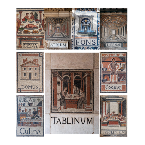 Ancient Roman Mosaics 9 Poster Set | Atrium, Thermae, Domus, Cena, Fons, Triclinium, Tablinum — 9 Prints 12x18 Inch US Made