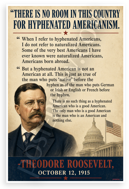 Theodore Roosevelt "There Is No Room In This Country For Hyphenated Americanism" Patriotic 12"x18" US Made Poster