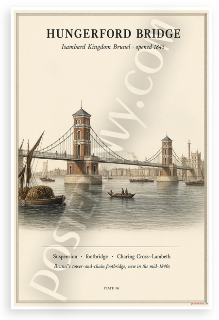 Hungerford Bridge Isambard Kingdom Brunel 1845 Architectural 12"x18" US Made Poster