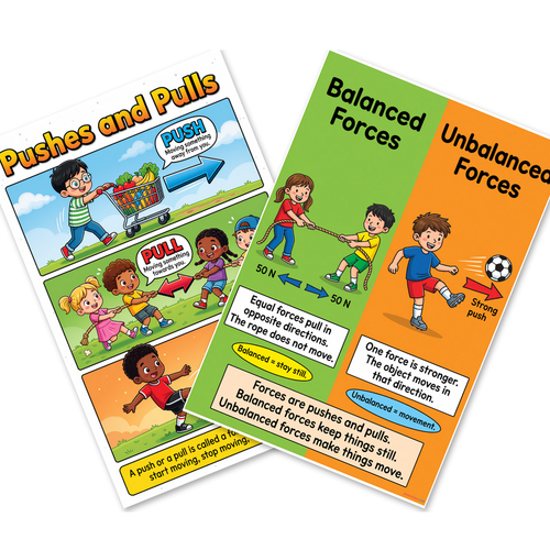 Pushes and Pulls Forces — 2 Poster Set —  Balanced and Unbalanced Forces — 12x18 Inch | Made in USA