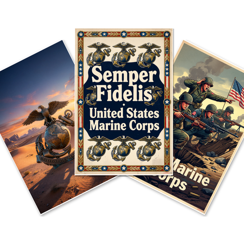 US Marine Corps Eagle Globe Anchor, Combat Marines, Semper Fidelis — 3 Poster Set — 12x18 Inch | Made in USA