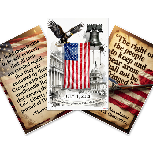 Patriotic History — 3 Poster Set — Thomas Jefferson Declaration Quote, Second Amendment Musket, US 250th Anniversary Eagle Bell — 12x18 Inch | Made in USA