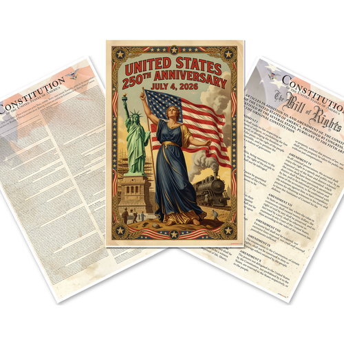 US Constitution, Bill of Rights, 250th Anniversary — 3 Poster Set — Constitution Text, Bill of Rights, July 4 2026 — 12x18 Inch | Made in USA