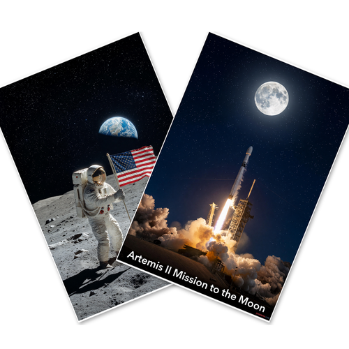 Artemis II Moon Mission — 2 Poster Set — Apollo 11 Neil Armstrong Flag, Artemis II Rocket Launch — 12x18 Inch | Made in USA