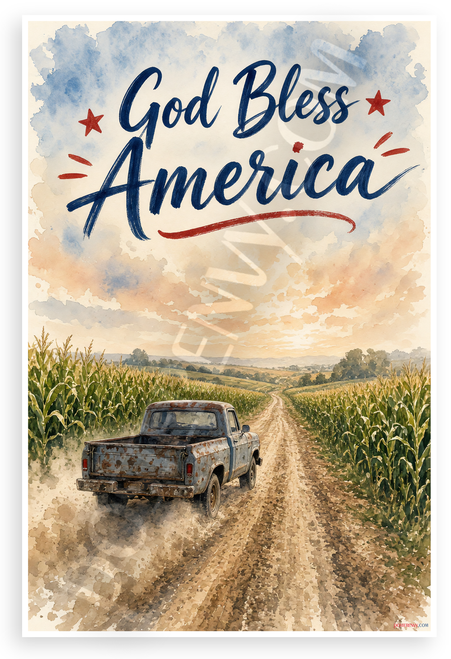 God Bless America Vintage Truck Country Road 12"x18" US Made Poster