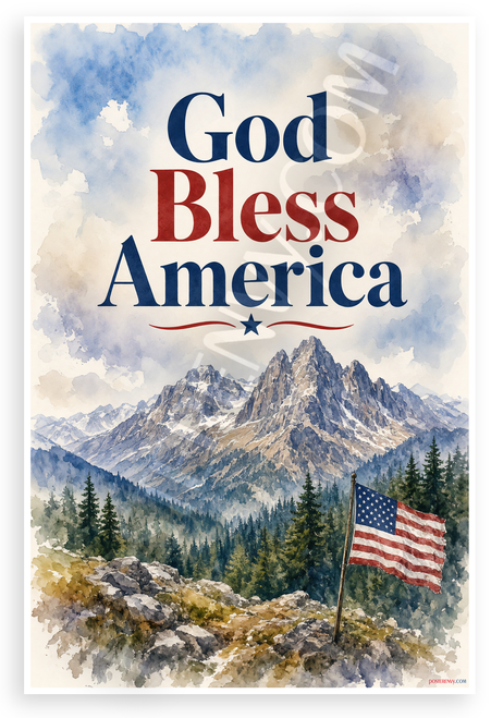 God Bless America Patriotic Mountain Landscape 12x18 US Made Poster