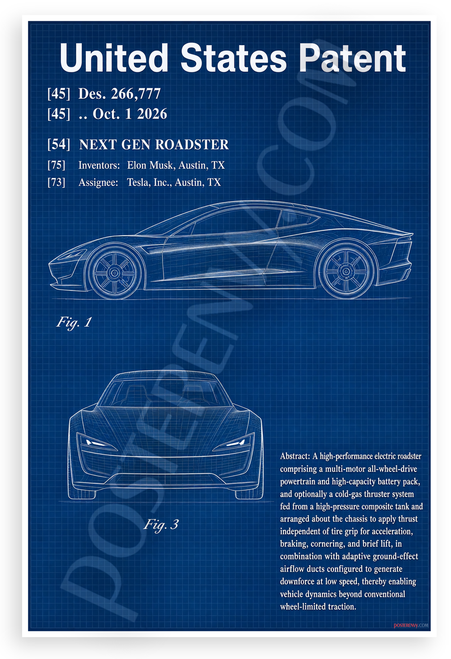 Tesla Roadster Patent Blueprint Electric Car 12"x18" US Made Poster