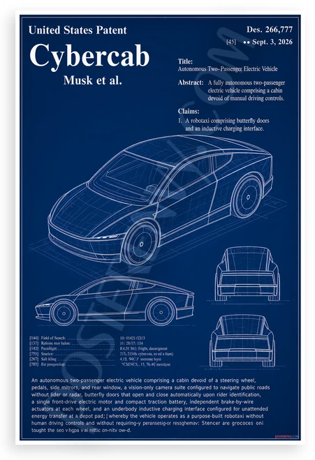 Tesla Cybercab Patent Blueprint 12"x18" US Made Poster