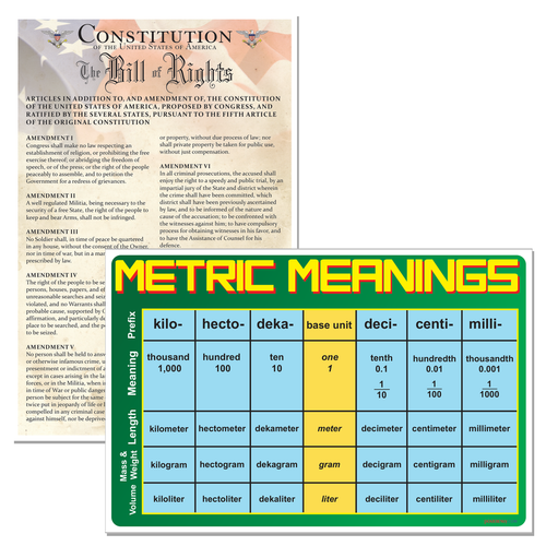 Metric System & U.S. Constitution Bill of Rights — 2 Poster Set — Metric Meanings, U.S. Constitution — 12x18 Inch | Made in USA