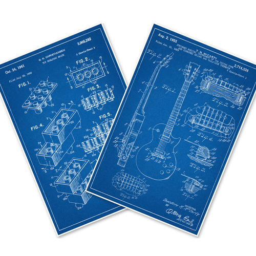 Vintage Patent Blueprints — 2 Poster Set — Lego Brick 1961, Gibson Les Paul Guitar 1955 — 12x18 Inch | Made in USA