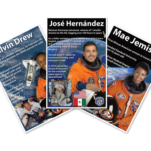 African American, Mexican American Astronauts — 3 Poster Set — Alvin Drew, Mae Jemison, José Hernández — 12x18 Inch | Made in USA