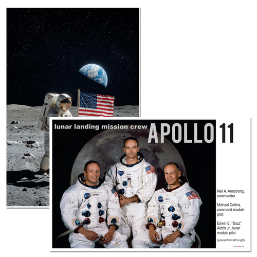 Apollo 11 Moon Landing — 2 Poster Set — Neil Armstrong Flag, Lunar Landing Crew — 12x18 Inch | Made in USA