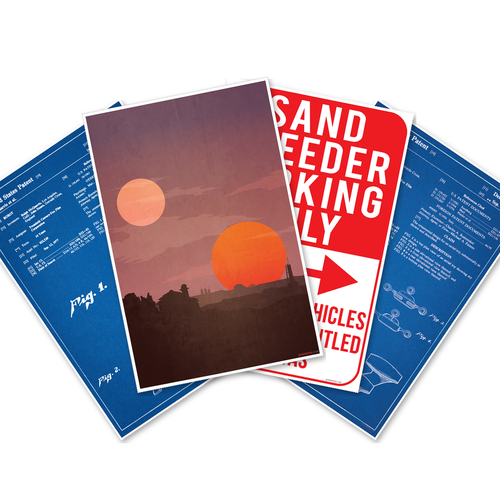 Star Wars Patents & Tatooine — 4 Poster Set — R2-D2, Sand Speeder, Parking Sign, Twin Suns — 12x18 Inch | Made in USA