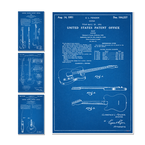 Vintage Guitar Patent Blueprints — 4 Poster Set — Fender Bass, Gibson Les Paul, Gretsch, Fender Electric — 12x18 Inch | Made in USA