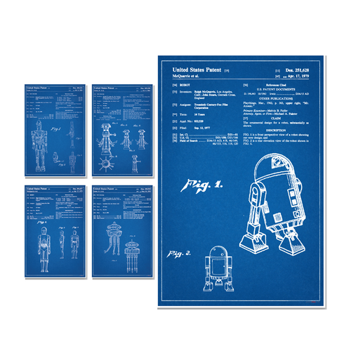 Star Wars Droid Patents — 5 Poster Set — IG-88, C-3PO, Pro Bot, Imperial Health Droid, R2-D2 — 12x18 Inch | Made in USA