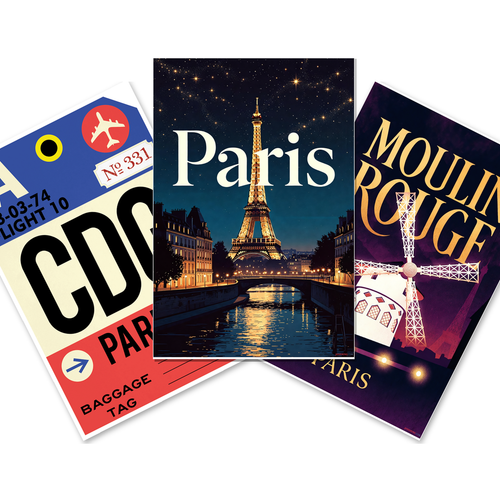 Vintage Paris France Posters — 3 Poster Set — CDG Paris, Moulin Rouge, Eiffel Tower Night — 12x18 Inch | Made in USA