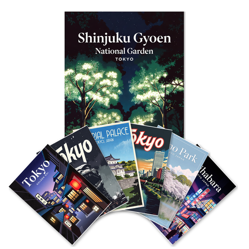 Tokyo Travel Posters — 7 Poster Set — Shinjuku Gyoen, Akihabara, Ueno Park, Imperial Palace, Golden Gai — 12x18 Inch | Made in USA
