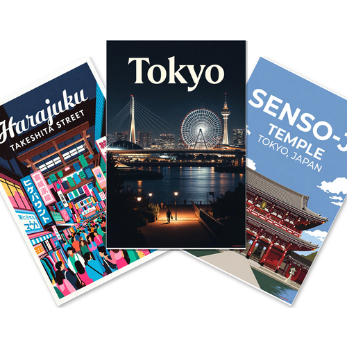 Tokyo Travel — 3 Poster Set — Harajuku Takeshita Street, Senso-ji Temple, Tokyo Skyline Night View — 12x18 Inch | Made in USA