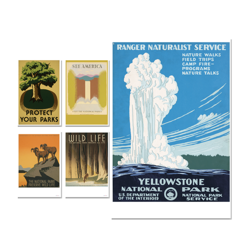 Vintage WPA National Parks Posters — 5 Poster Set — Protect Your Parks, Bighorn Sheep, Wild Life, See America, Yellowstone Geyser — 12x18 Inch | Made in USA