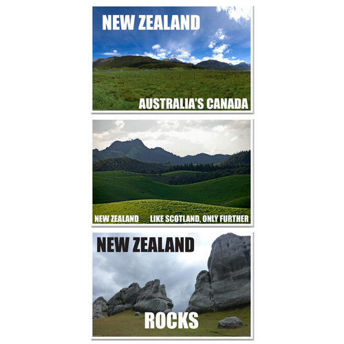 New Zealand Travel Posters — Flight of the Conchords — 3 Poster Set — Australia's Canada, Like Scotland Only Further, Rocks — 12x18 Inch | Made in USA