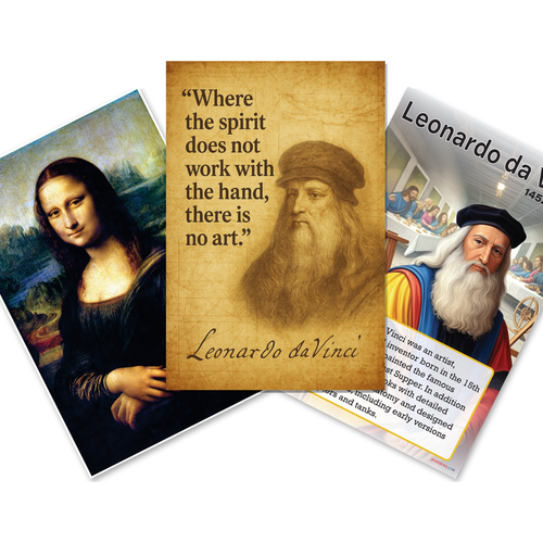Leonardo da Vinci — 3 Poster Set — Mona Lisa, Renaissance Polymath, Famous Quote — 12x18 Inch | Made in USA