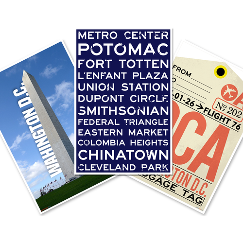 Washington DC Travel Posters — 3 Poster Set — Washington Monument, DCA Baggage Tag, Metro Station Signs — 12x18 Inch | Made in USA