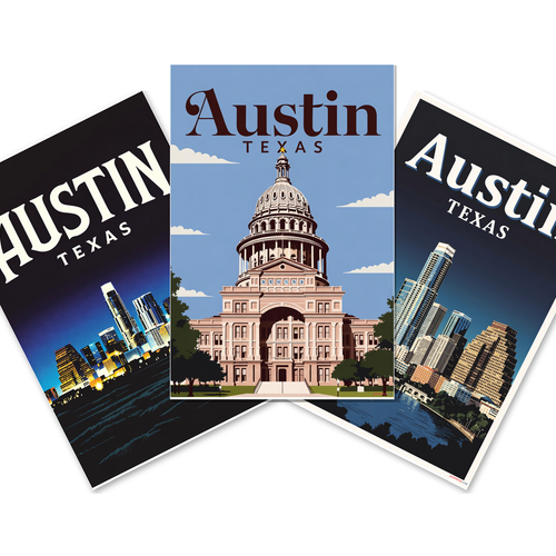 Austin Texas Skyline & Capitol — 3 Poster Set — Austin Texas City Skyline Night Lights, Austin Texas Skyline Cityscape Travel, Austin Texas State Capitol Building Vintage Travel — 12x18 Inch | Made in
