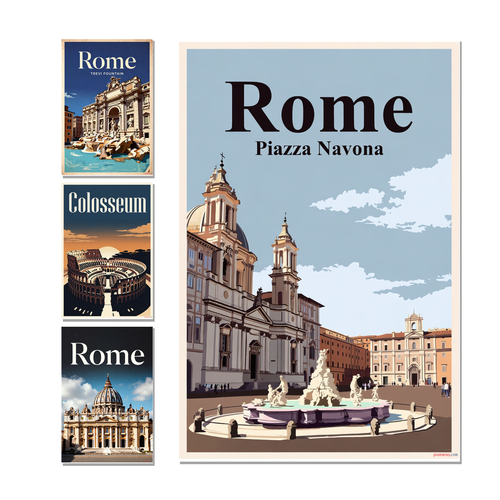 Rome Travel Posters — 4 Poster Set — Trevi Fountain, Colosseum, St. Peter's Basilica, Piazza Navona — 12x18 Inch | Made in USA