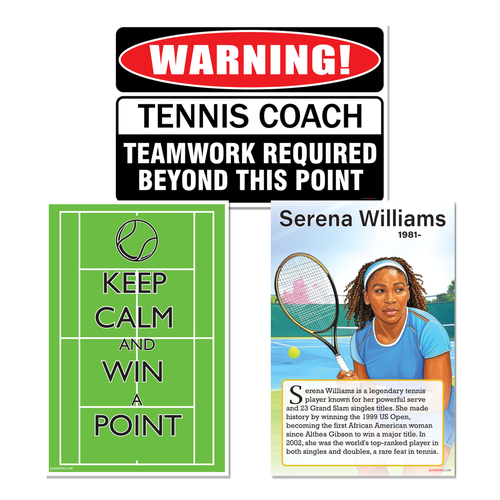 Tennis Coach Posters — 3 Poster Set — Keep Calm and Win a Point, Warning Tennis Coach, Serena Williams — 12x18 Inch | Made in USA