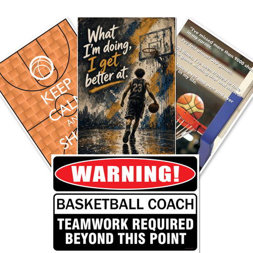 Basketball Motivation — 4 Poster Set — Keep Calm and Shoot Hoops, Michael Jordan Success Quote, Warning Basketball Coach, What I'm Doing I Get Better At — 12x18 Inch | Made in USA