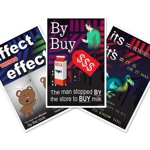Grammar Homophones — 3 Poster Set — Affect vs Effect, Its vs It's, Buy vs By — 12x18 Inch | Made in USA